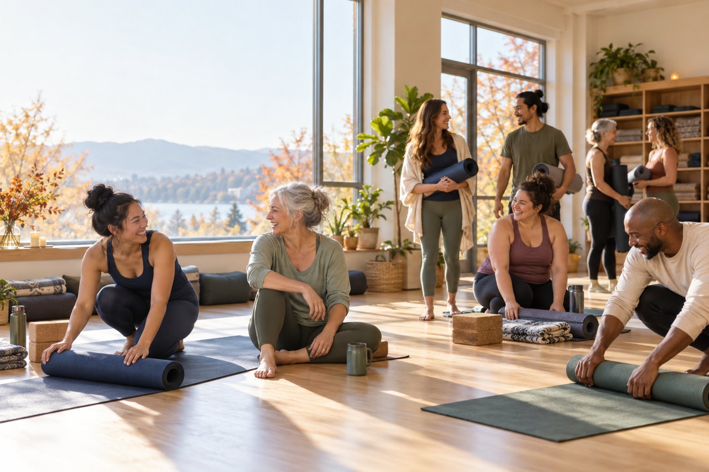 An inclusive yoga community gathering in a bright studio